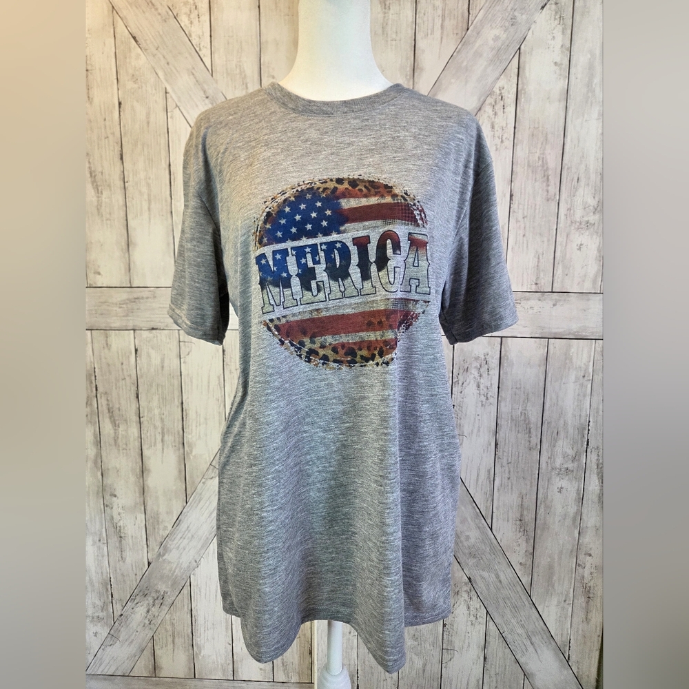 Gildan Gray Short Sleeve Tee with 'MERICA Flag Graphic